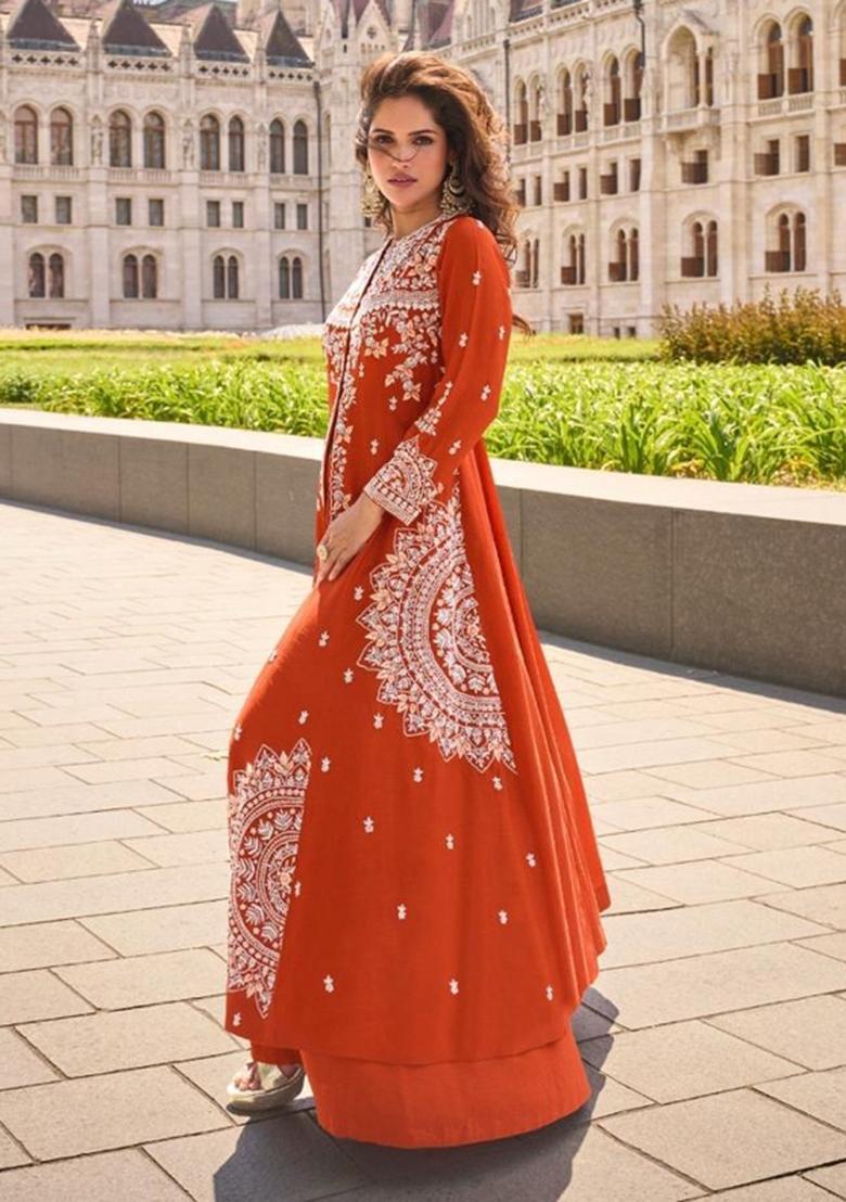 Orange Embroidered Silk Blend Kurta Set - Indya