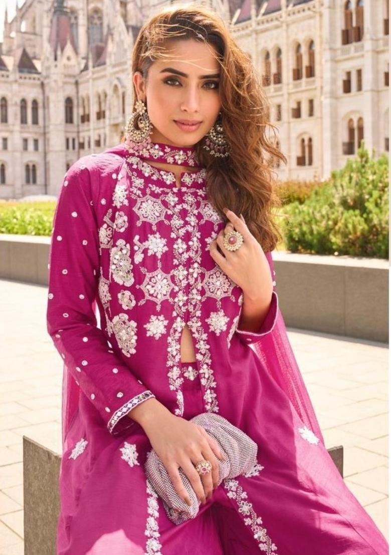 Rani Pink Embroidered Silk Blend Kurta Set - Indya