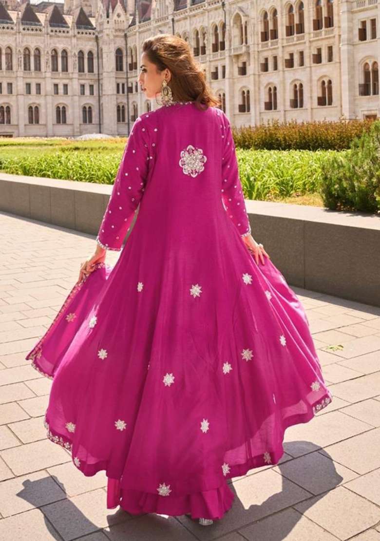 Rani Pink Embroidered Silk Blend Kurta Set - Indya