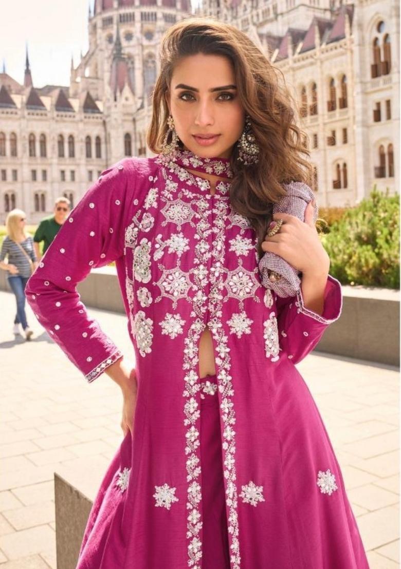 Rani Pink Embroidered Silk Blend Kurta Set - Indya