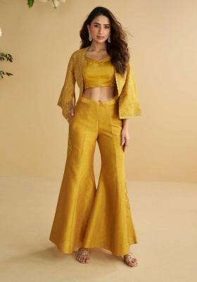 Mustard Embroidered Silk Blend Kurta Set