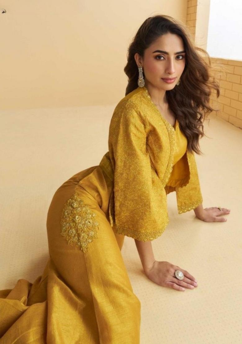 Mustard Embroidered Silk Blend Kurta Set - Indya