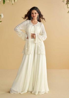 White Embroidered Silk Blend Kurta Set
