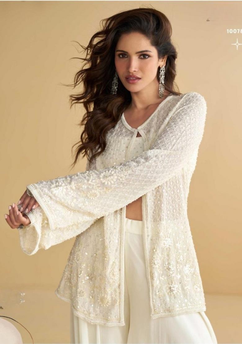 White Embroidered Silk Blend Kurta Set - Indya