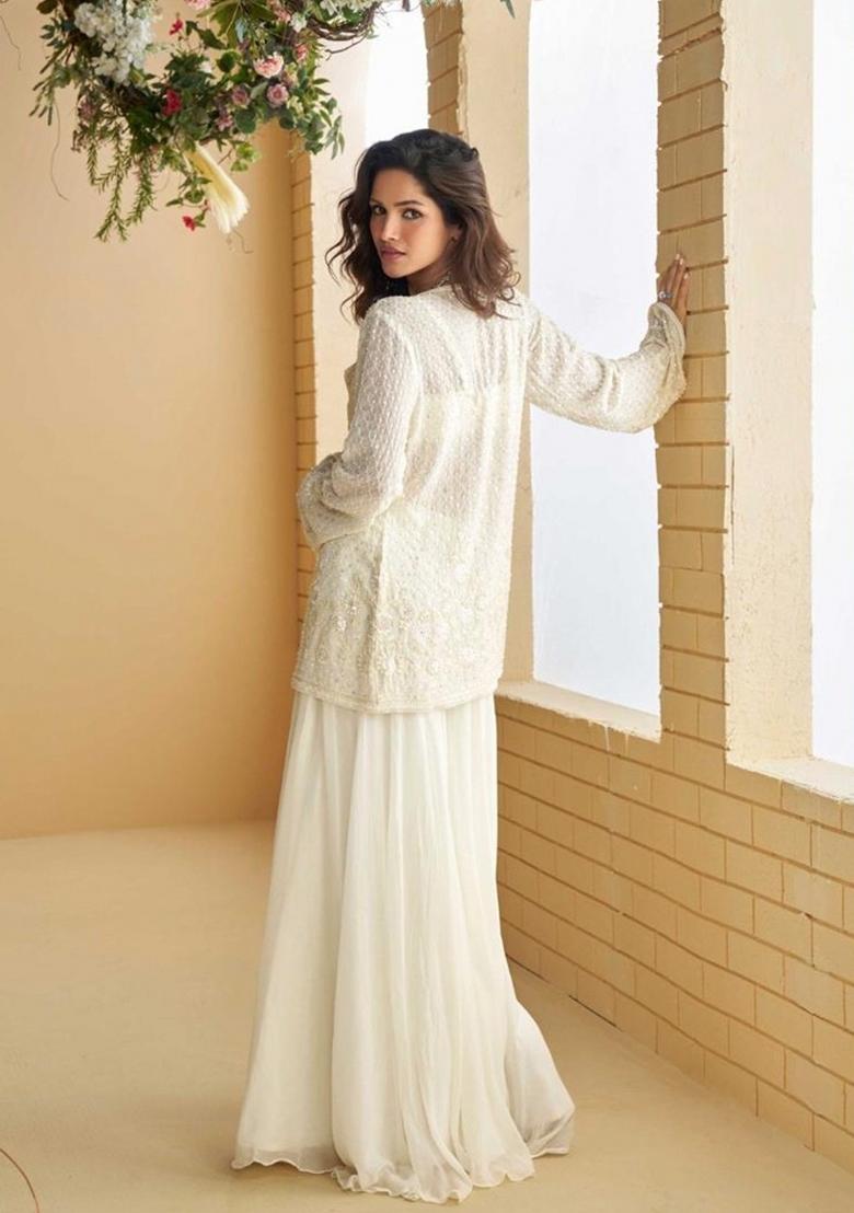 White Embroidered Silk Blend Kurta Set - Indya