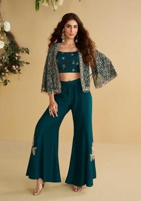Teal Green Embroidered Silk Blend Kurta Set