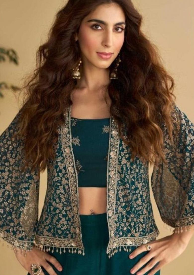 Teal Green Embroidered Silk Blend Kurta Set - Indya