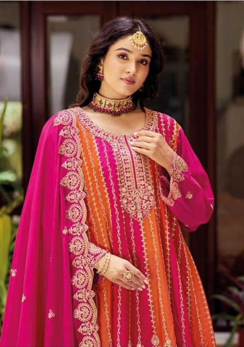 Pink Embroidered Silk Blend Kurta Set - Indya