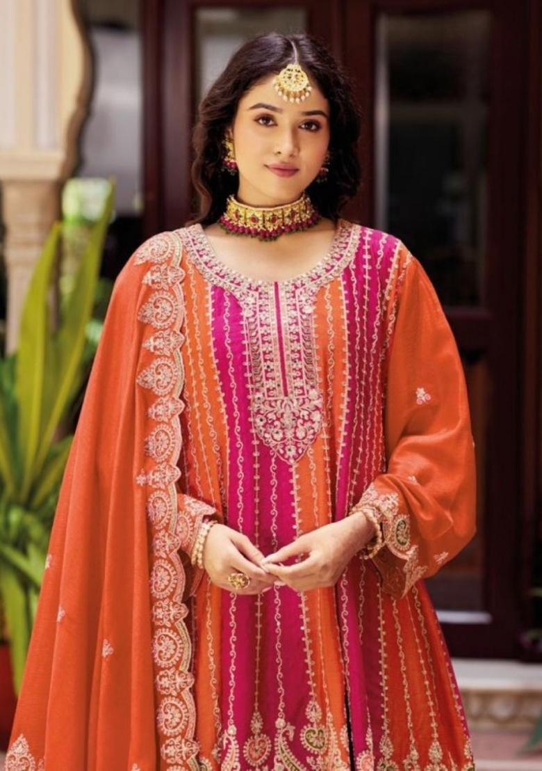 Orange Embroidered Silk Blend Kurta Set - Indya