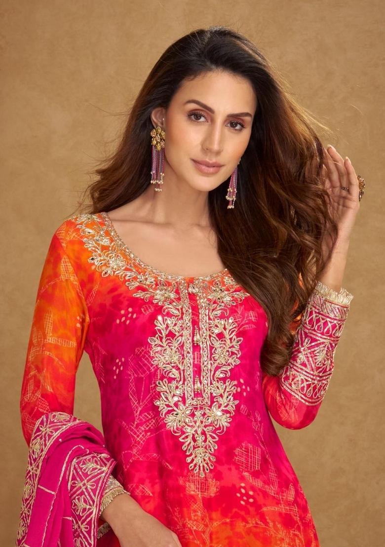 Orange Embroidered Silk Blend Kurta Set - Indya