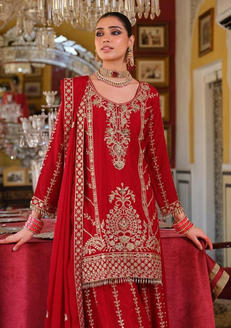 Red Embroidered Silk Blend Kurta Set - Indya