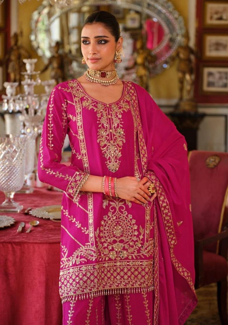 Magenta Embroidered Silk Blend Kurta Set - Indya