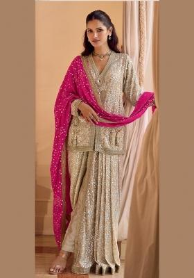 Cream Embroidered Georgette Kurta Set