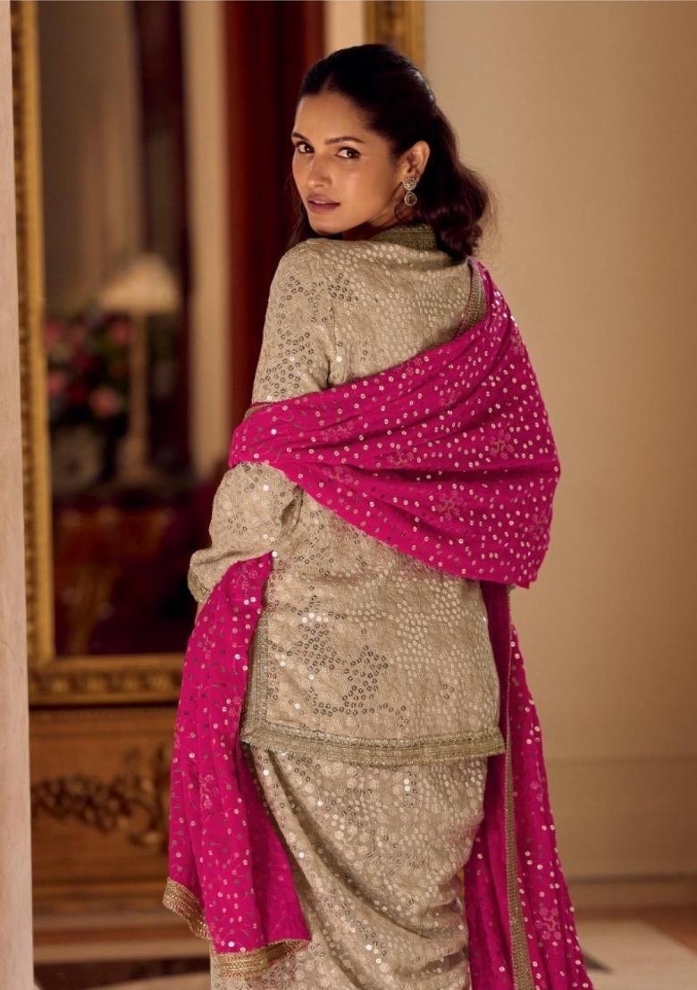 Cream Embroidered Georgette Kurta Set - Indya