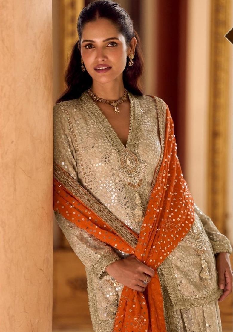 Cream Embroidered Georgette Kurta Set - Indya