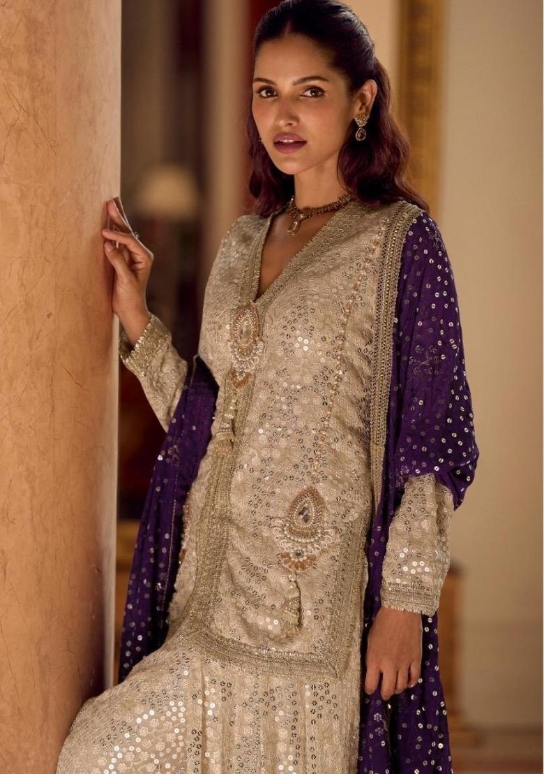 Cream Embroidered Georgette Kurta Set - Indya