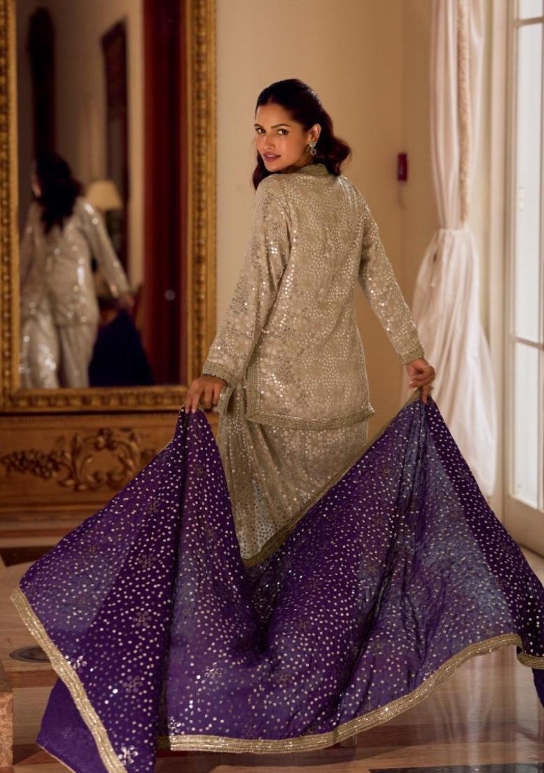 Cream Embroidered Georgette Kurta Set - Indya