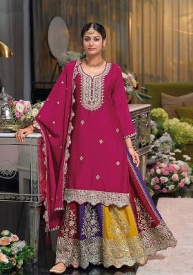 Magenta Embroidered Silk Blend Kurta Set