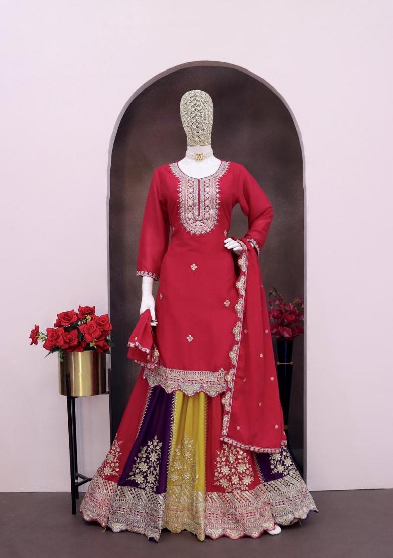 Magenta Embroidered Silk Blend Kurta Set - Indya