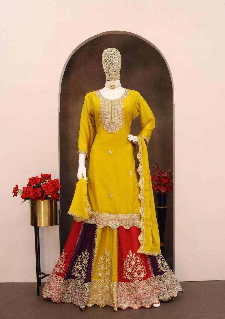 Yellow Embroidered Silk Blend Kurta Set - Indya