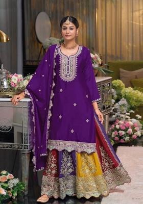Violet Embroidered Silk Blend Kurta Set
