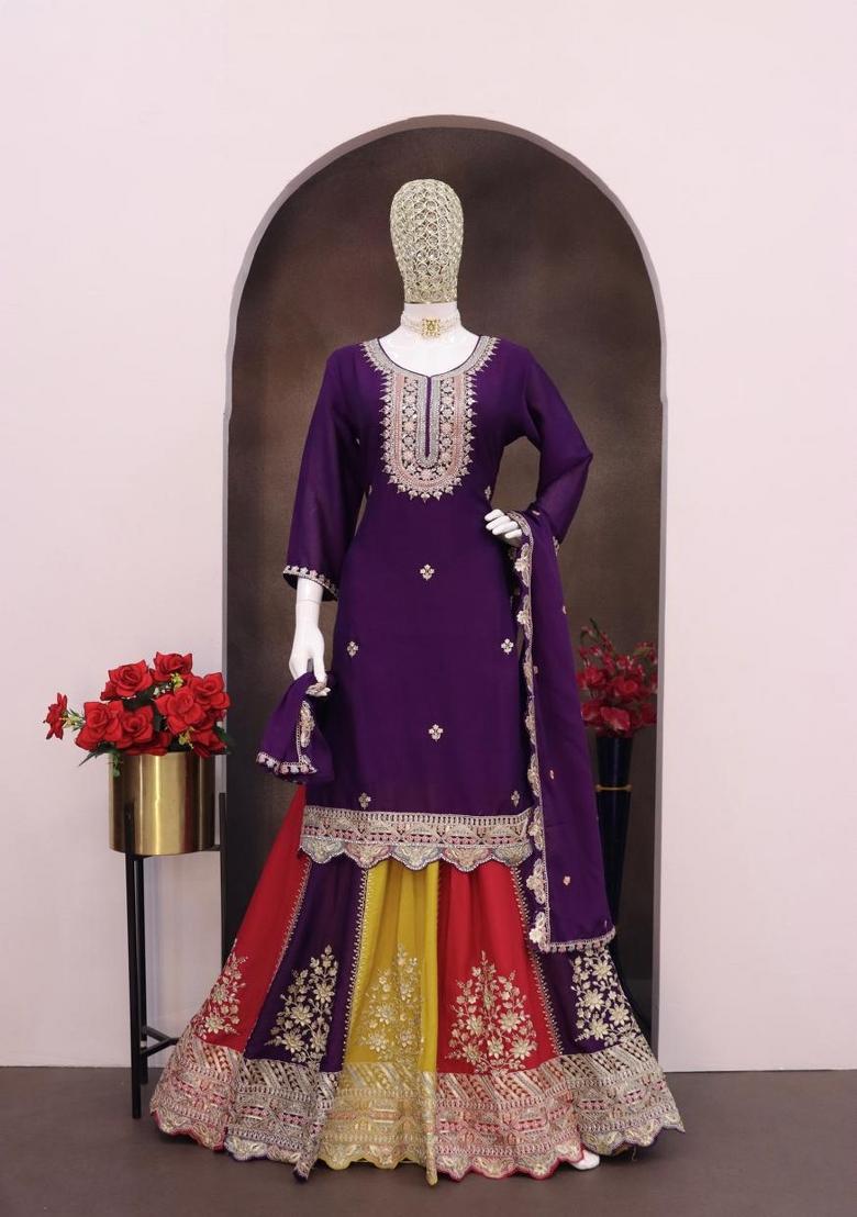 Violet Embroidered Silk Blend Kurta Set - Indya
