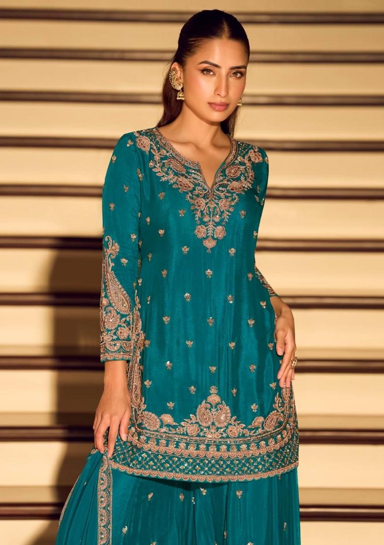 Teal Blue Embroidered Silk Blend Kurta Set - Indya