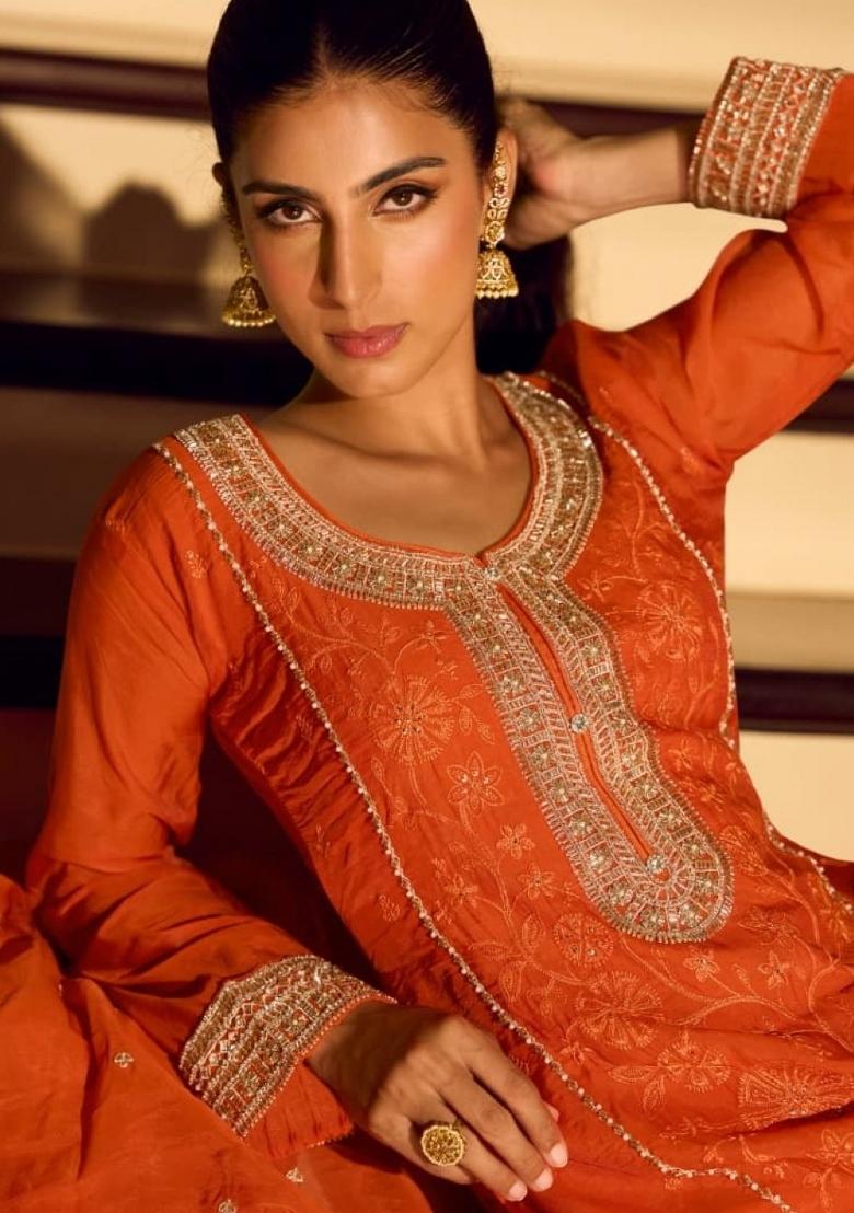 Orange Embroidered Silk Blend Kurta Set - Indya