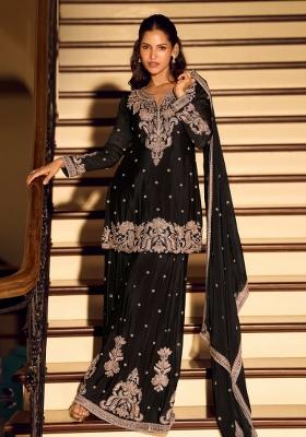 Black Embroidered Silk Blend Kurta Set