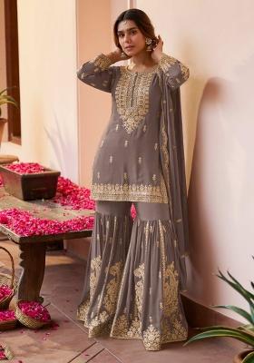 Grey Embroidered Silk Blend Kurta Set