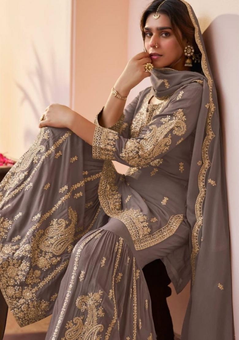 Grey Embroidered Silk Blend Kurta Set - Indya