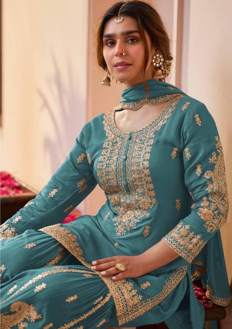 Blue Embroidered Silk Blend Kurta Set - Indya