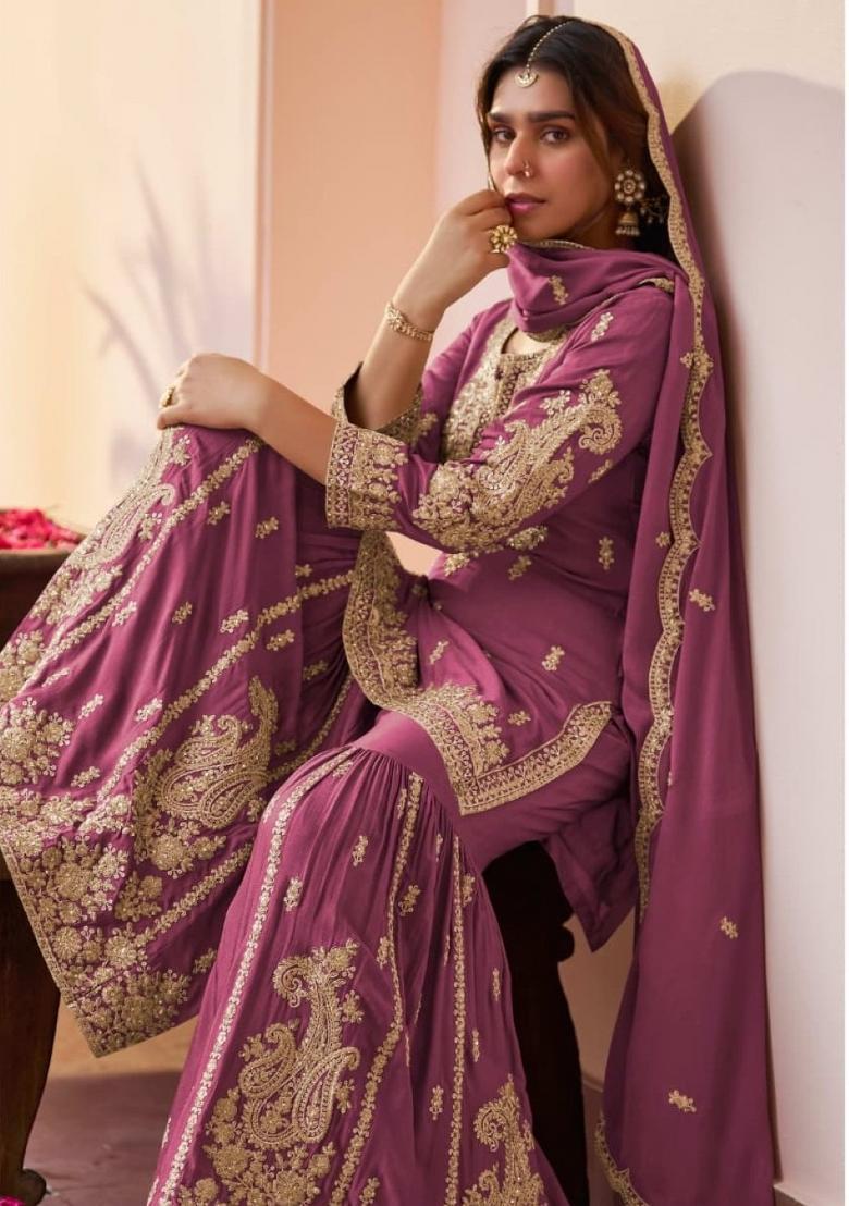 Purple Embroidered Silk Blend Kurta Set - Indya