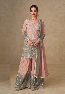 Peach Mirror Work Georgette Kurta Set