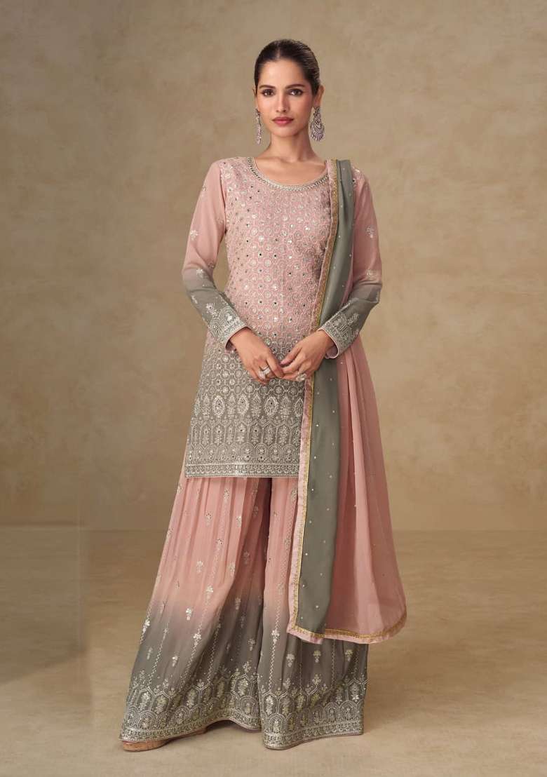 Peach Mirror Work Georgette Kurta Set - Indya