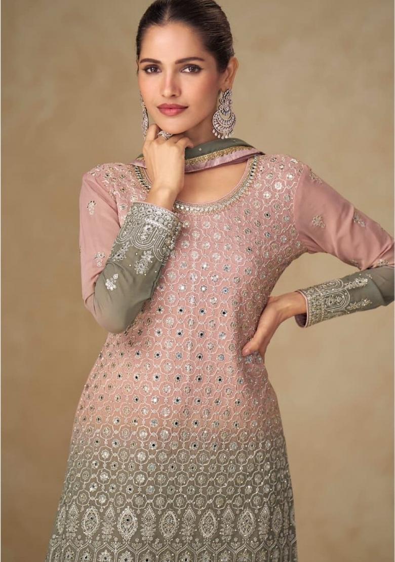 Peach Mirror Work Georgette Kurta Set - Indya