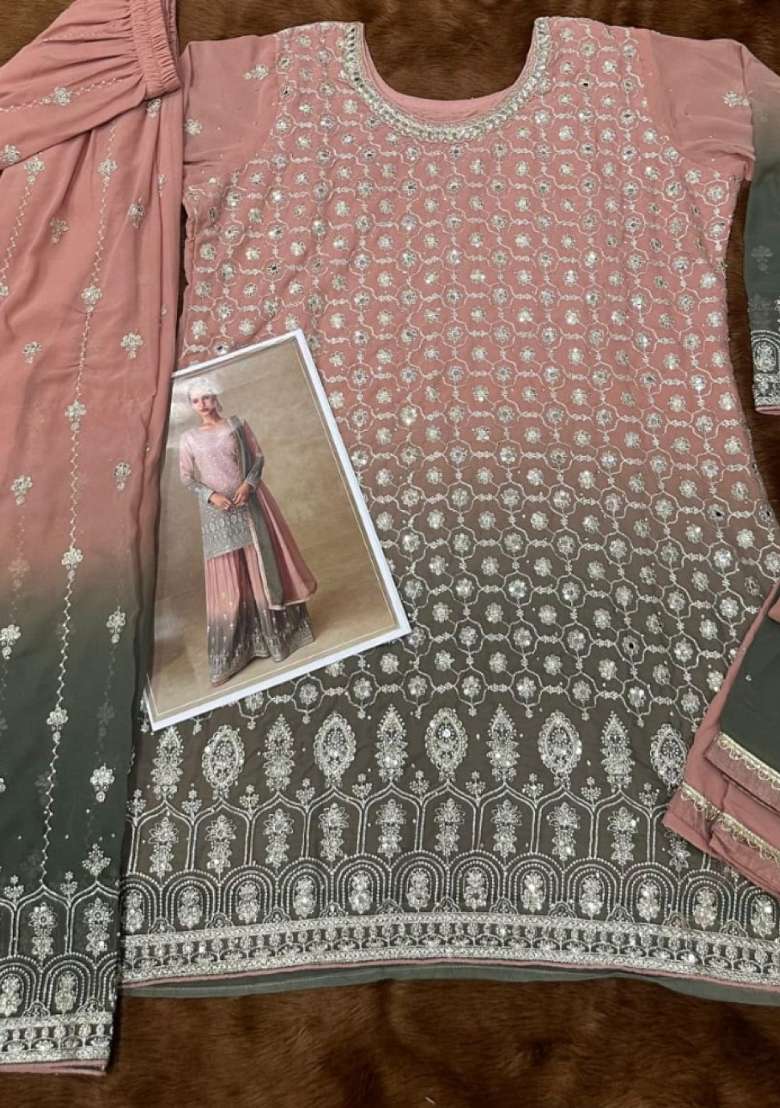 Peach Mirror Work Georgette Kurta Set - Indya