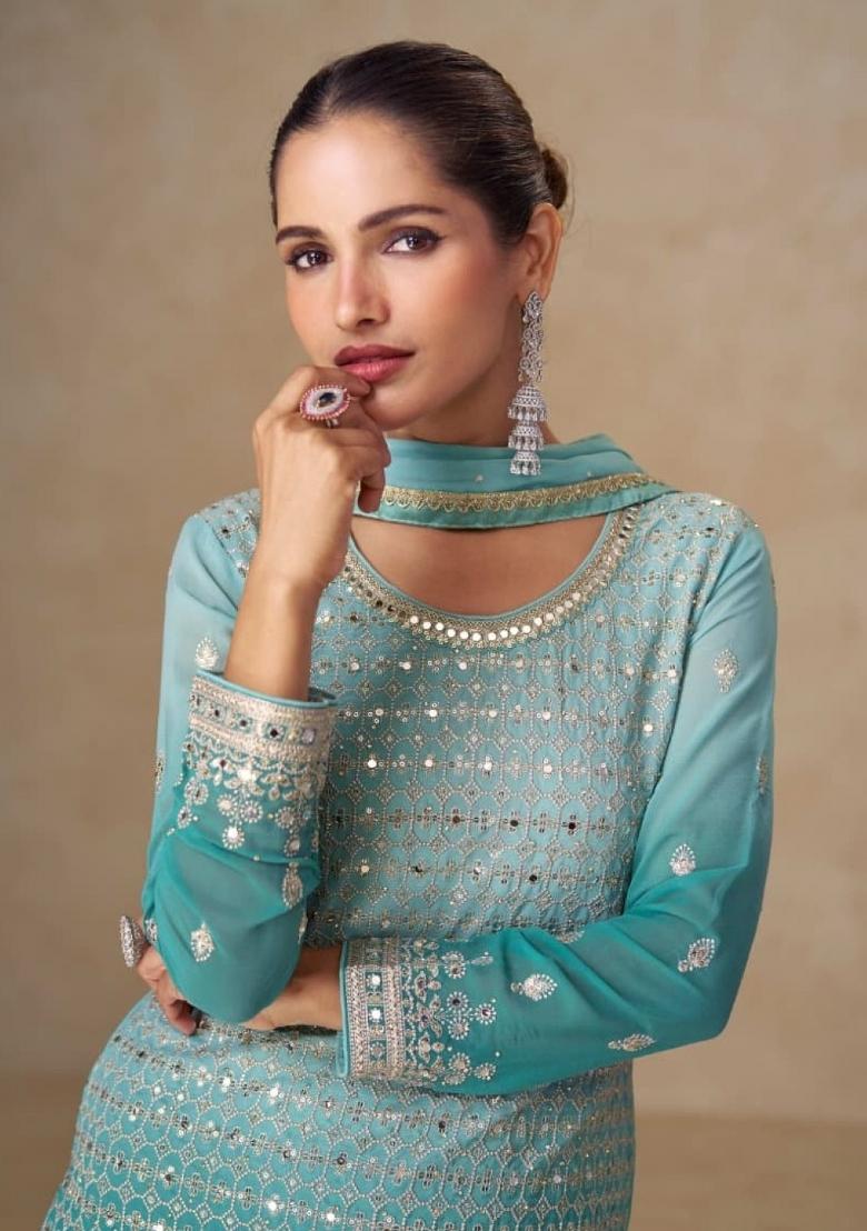 Blue Mirror Work Georgette Kurta Set - Indya