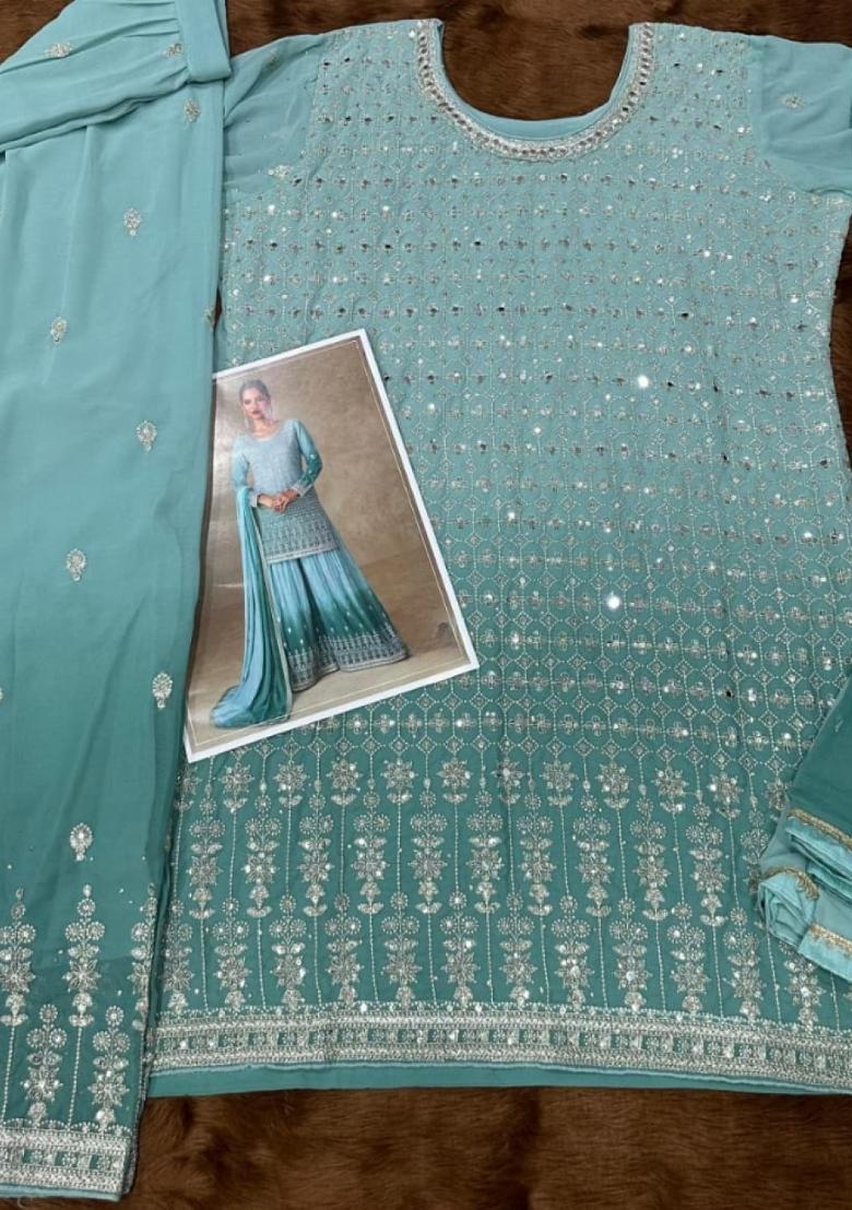 Blue Mirror Work Georgette Kurta Set - Indya