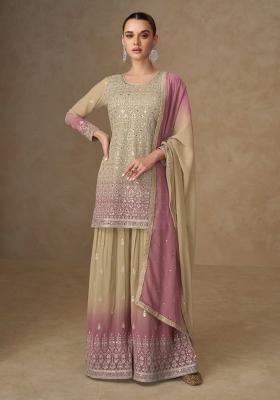 Beige Mirror Work Georgette Kurta Set