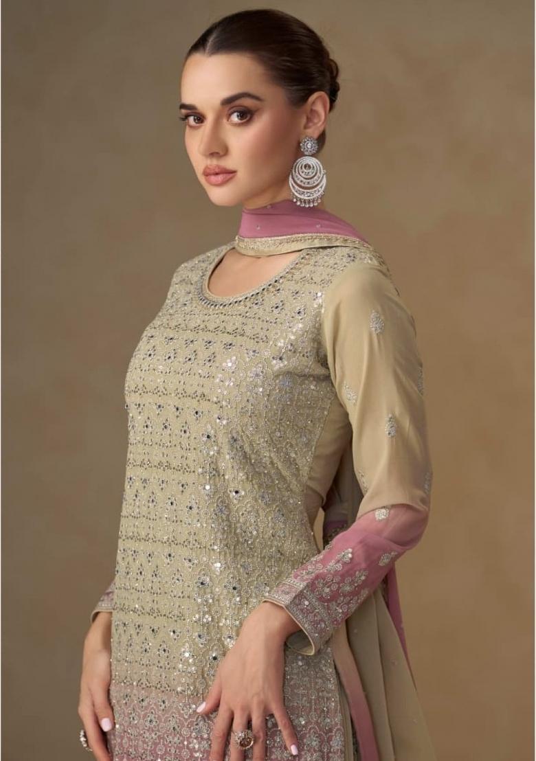 Beige Mirror Work Georgette Kurta Set - Indya