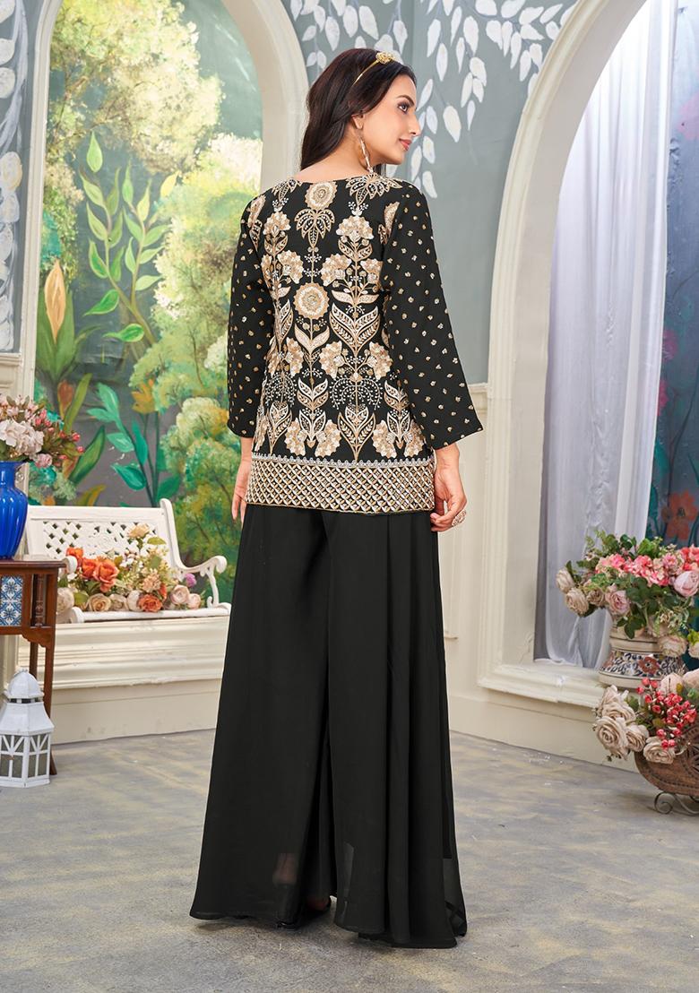 Black Embroidered Georgette Kurta Set - Indya