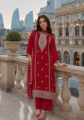 Red Embroidered Silk Blend Kurta Set