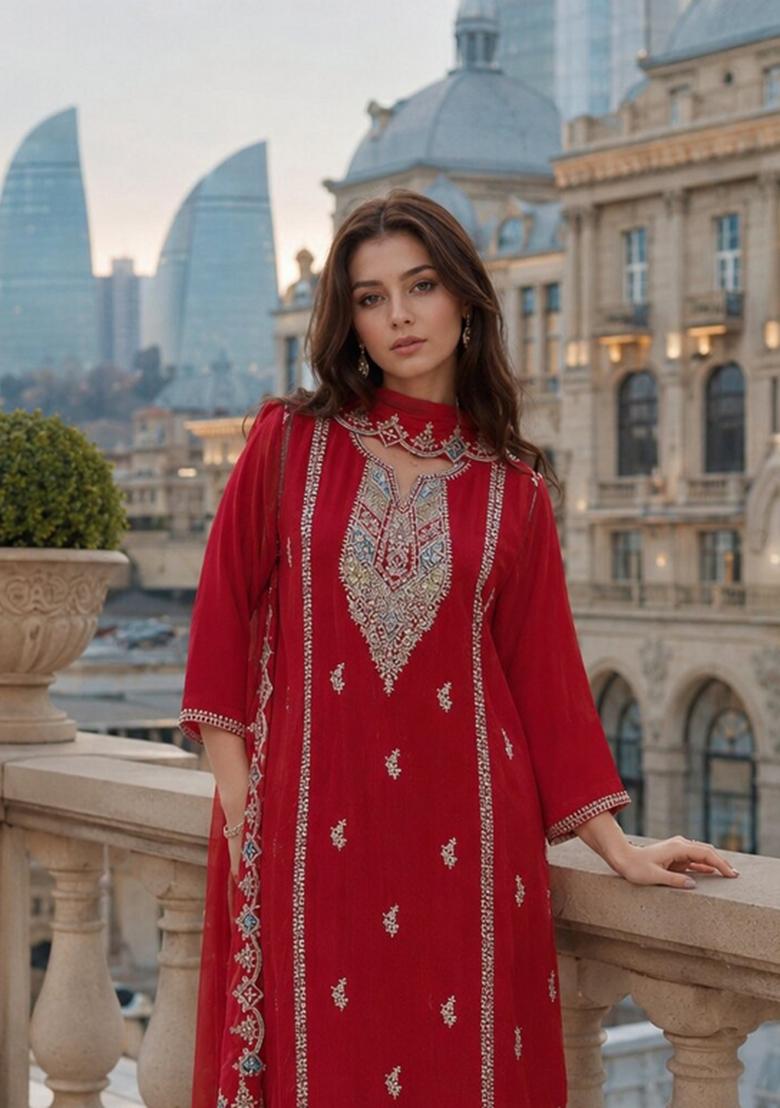 Red Embroidered Silk Blend Kurta Set - Indya