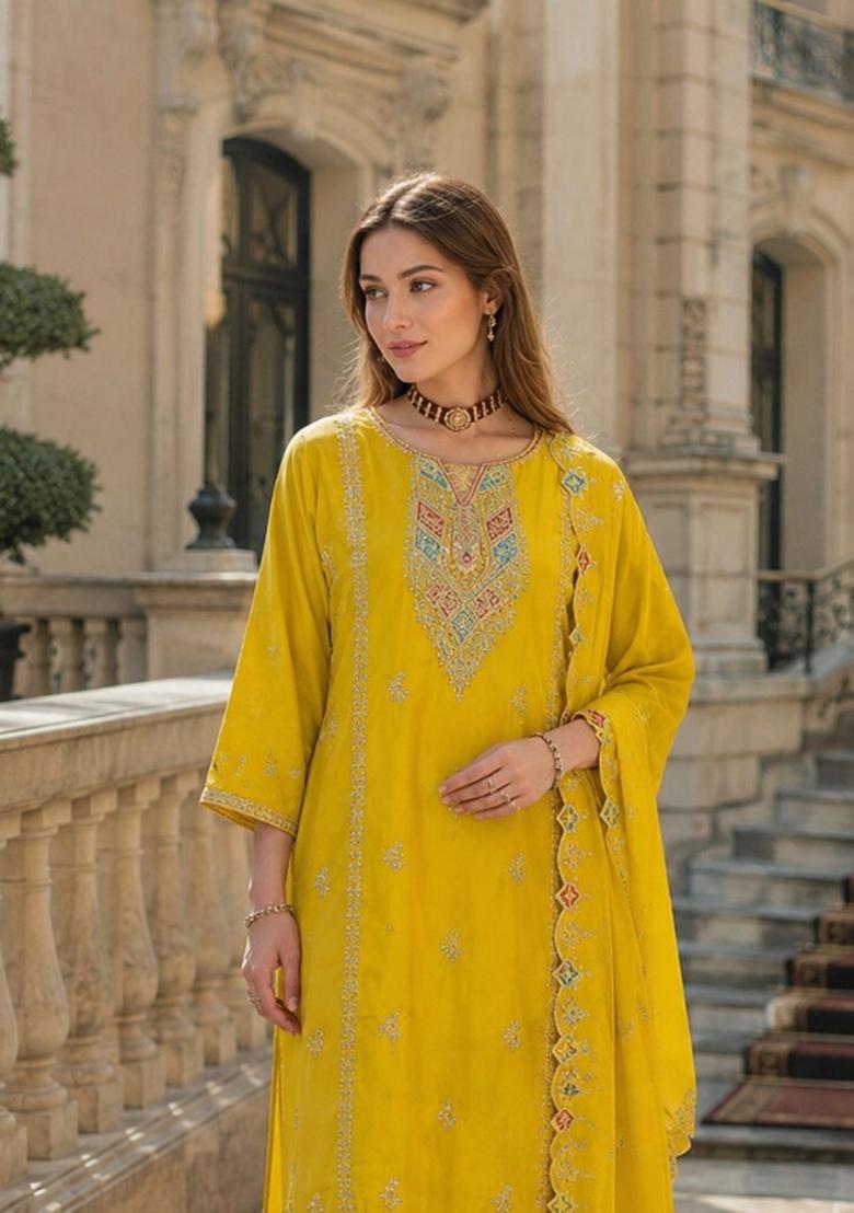 Yellow Embroidered Silk Blend Kurta Set - Indya