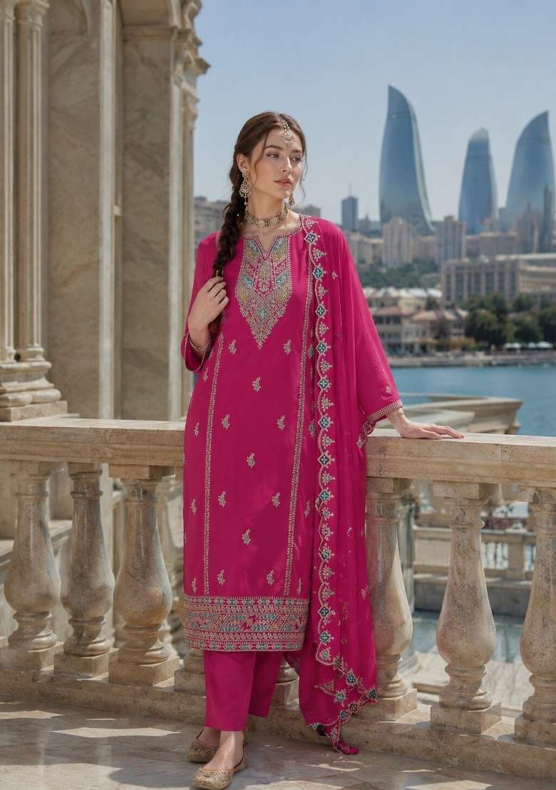 Rani Pink Embroidered Silk Blend Kurta Set - Indya