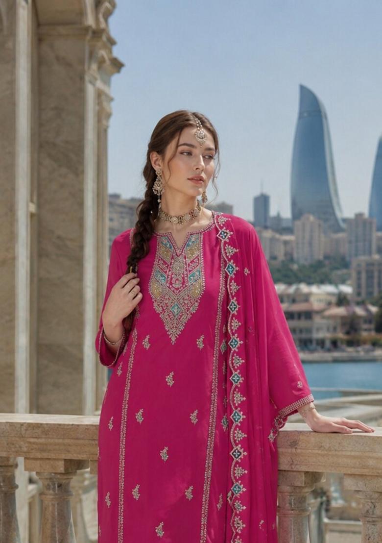 Rani Pink Embroidered Silk Blend Kurta Set - Indya