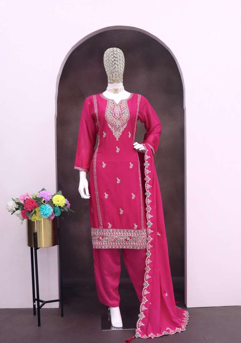Rani Pink Embroidered Silk Blend Kurta Set - Indya