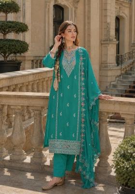 Turquoise Embroidered Silk Blend Kurta Set