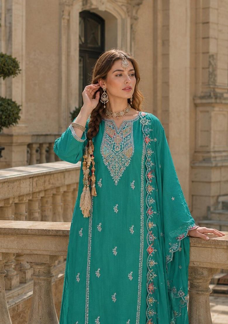Turquoise Embroidered Silk Blend Kurta Set - Indya